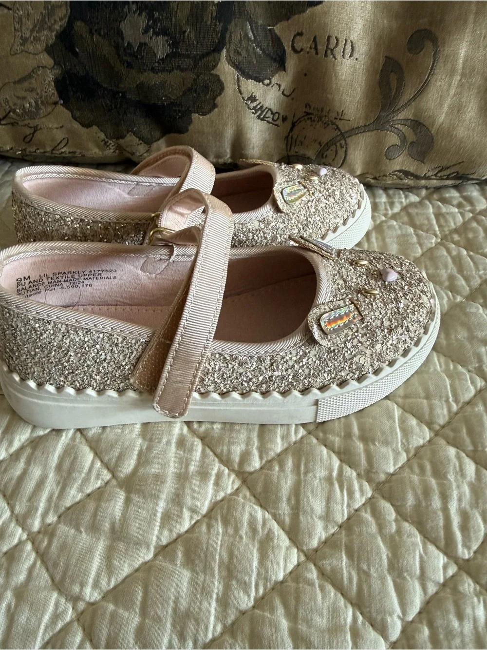 Kelly & Katie Girls' Gold Glitter Bunny Mary Janes with Pink Heart